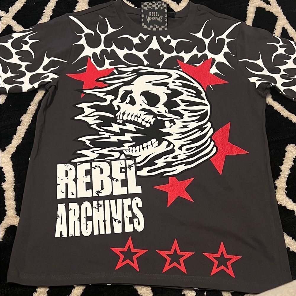 Rebel Vengeance Dark Gray Graphic Tee with Red Accents